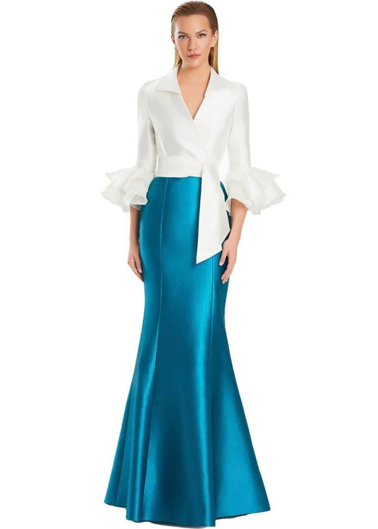 Color Block Long Sleeve Ruffle Gown