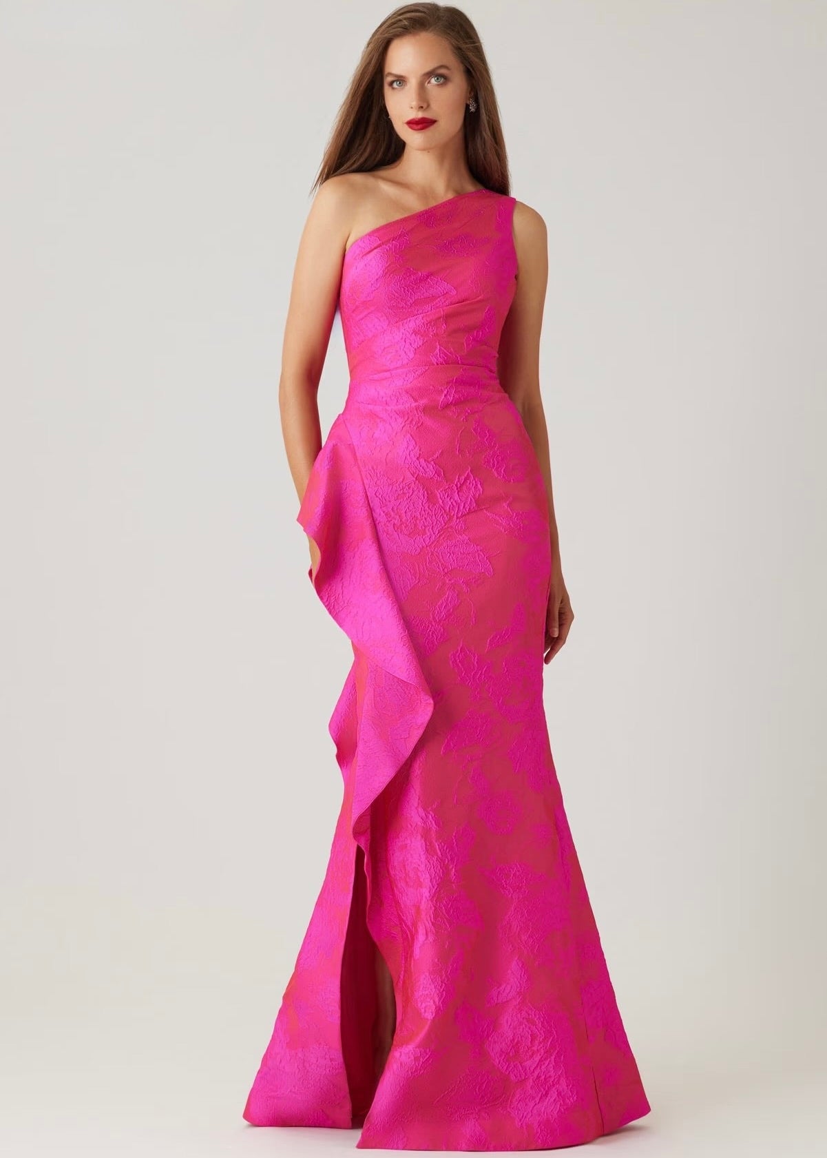 One Shoulder Side Ruffle Gown