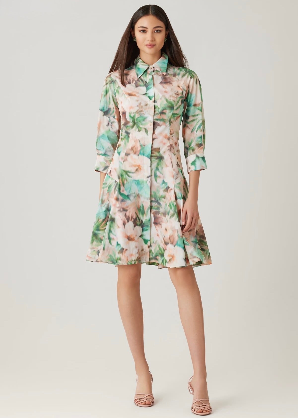 Taffeta Digital Print Godet Hem Shirt Dress