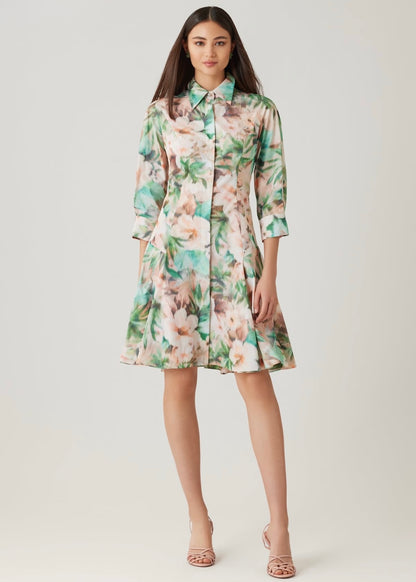 Taffeta Digital Print Godet Hem Shirt Dress
