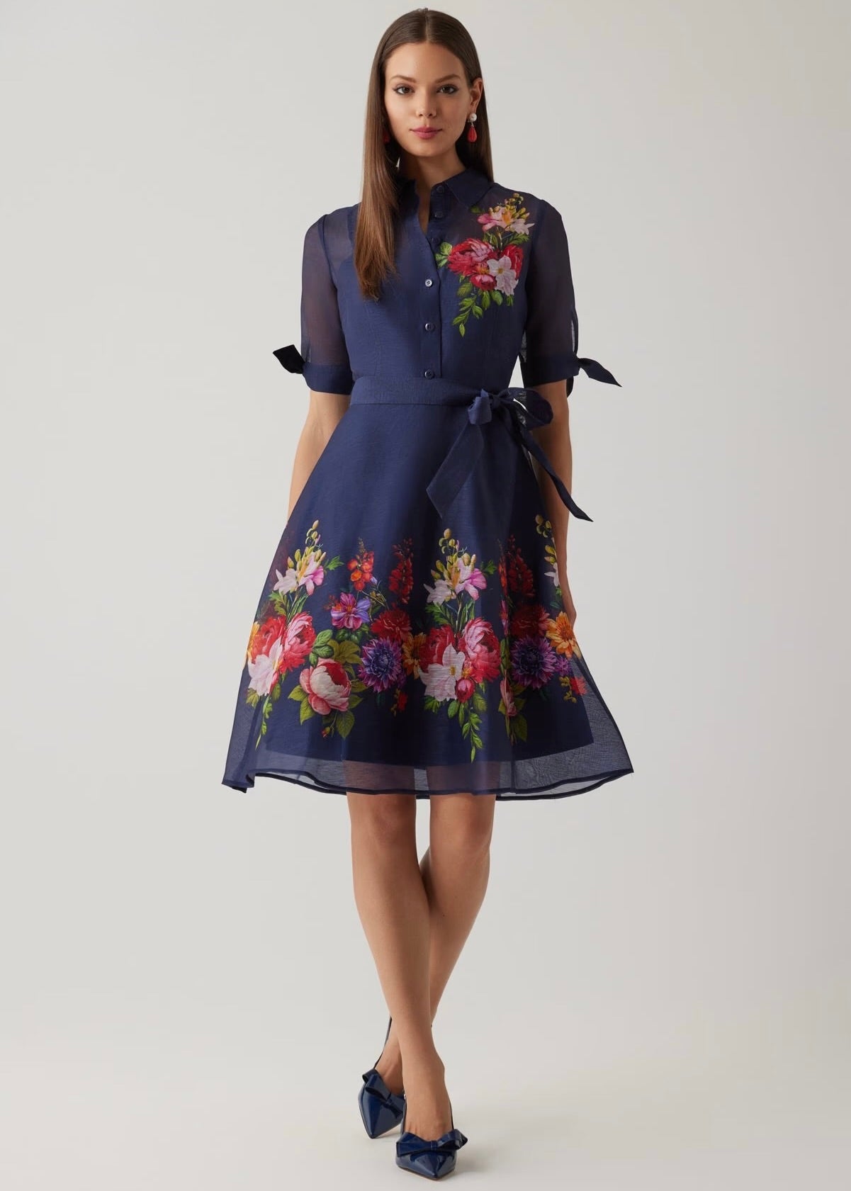 Silken Linen Shirtwaist Short Sleeve Floral Border Dress
