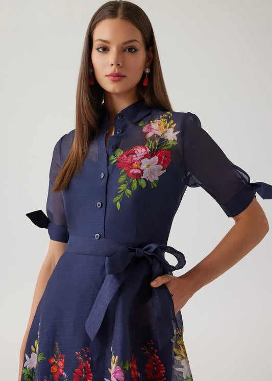 Silken Linen Shirtwaist Short Sleeve Floral Border Dress