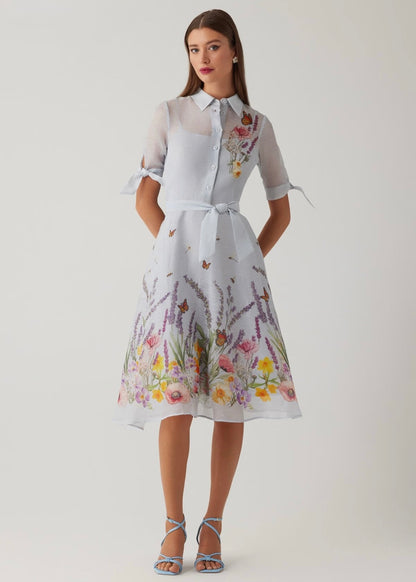 Silk Linen Short Sleeve Border Print Dress