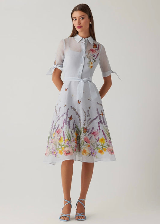 Silk Linen Short Sleeve Border Print Dress