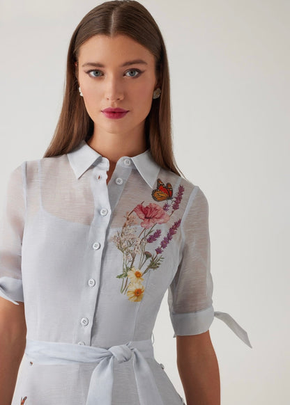 Silk Linen Short Sleeve Border Print Dress
