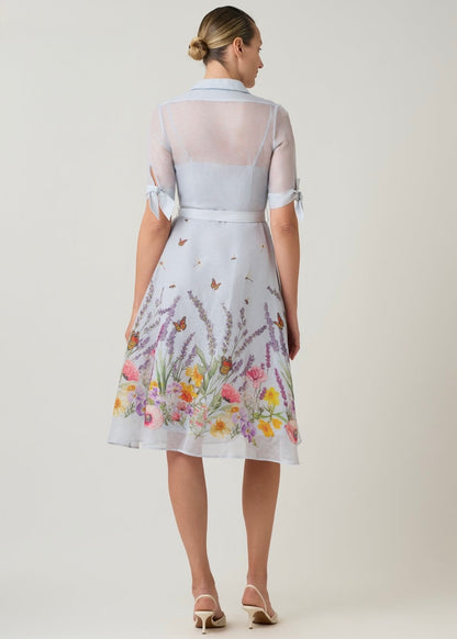 Silk Linen Short Sleeve Border Print Dress