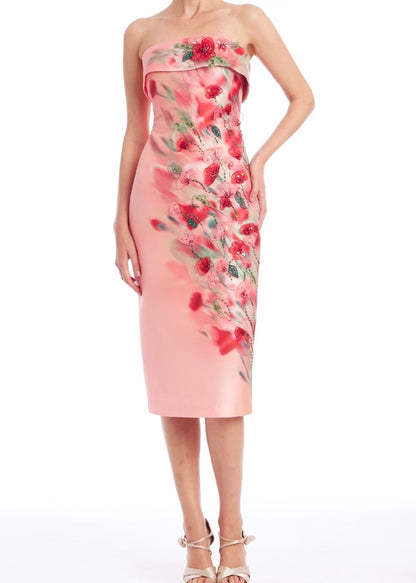 Strapless Printed 3D Floral Appliqué Midi Dress