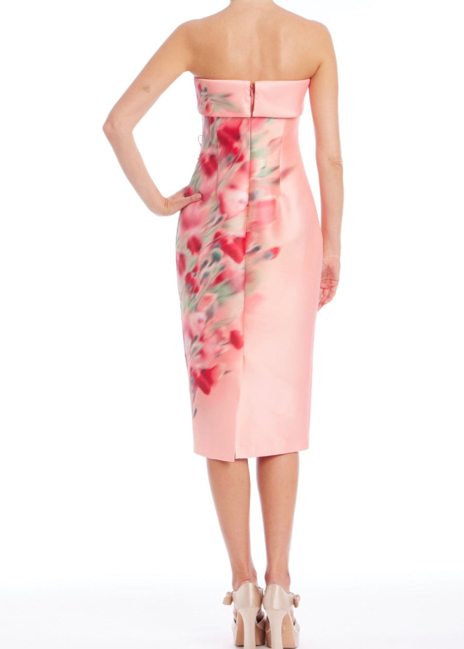 Strapless Printed 3D Floral Appliqué Midi Dress