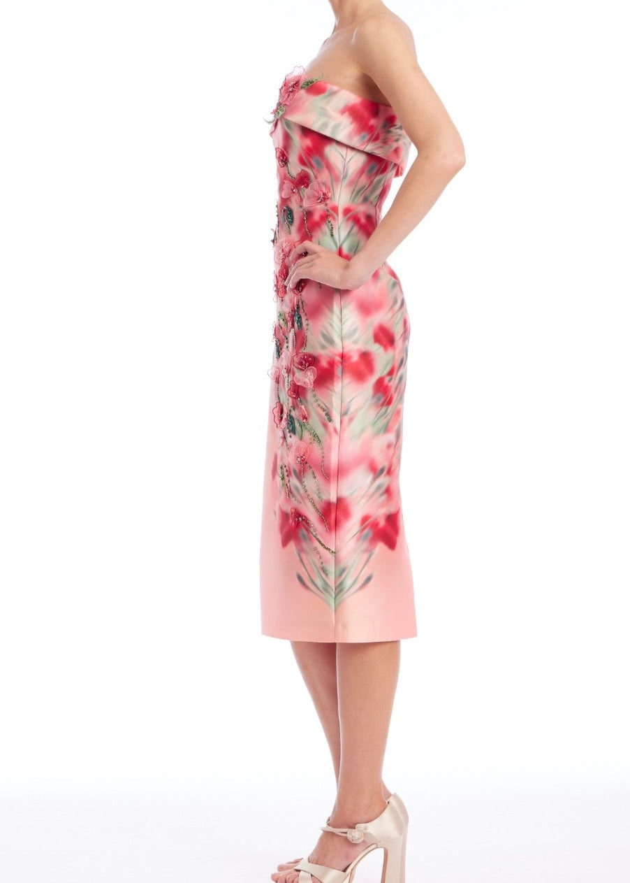 Strapless Printed 3D Floral Appliqué Midi Dress