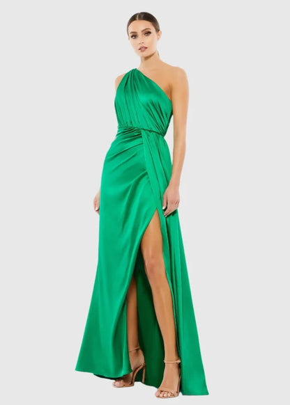 Gathered One Shoulder Satin Faux Wrap Gown