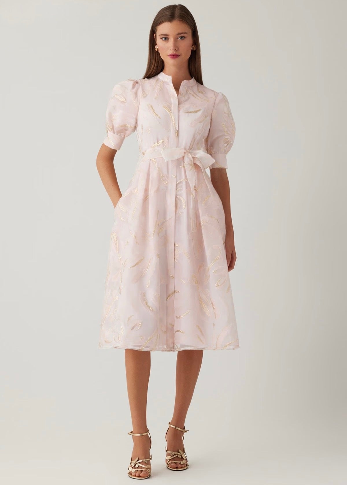Metallic Organza Mandarin Collar Puff Sleeve Dress