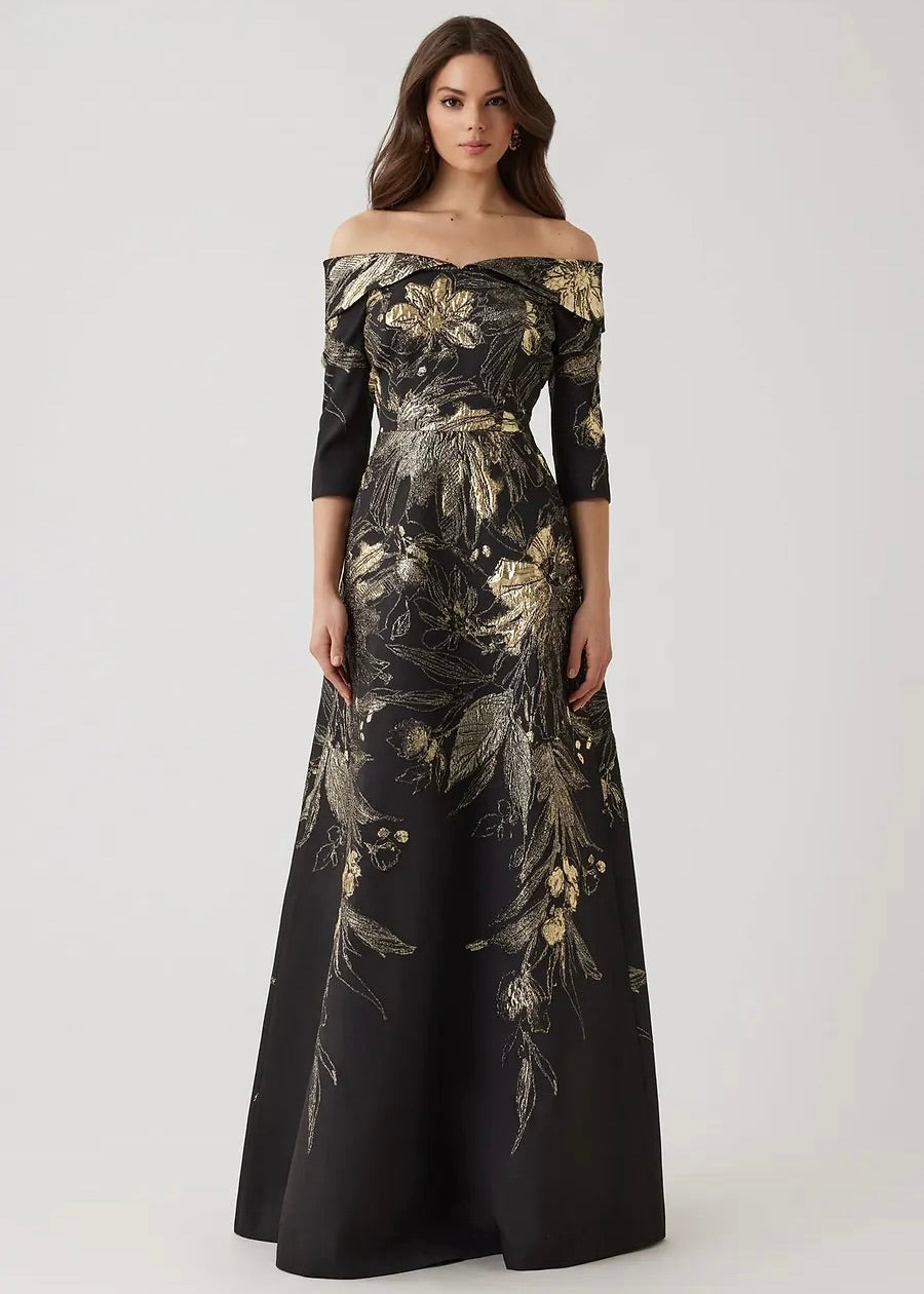 Metallic Jacquard Fold Off the Shoulder Gown