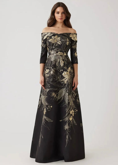 Metallic Jacquard Fold Off the Shoulder Gown