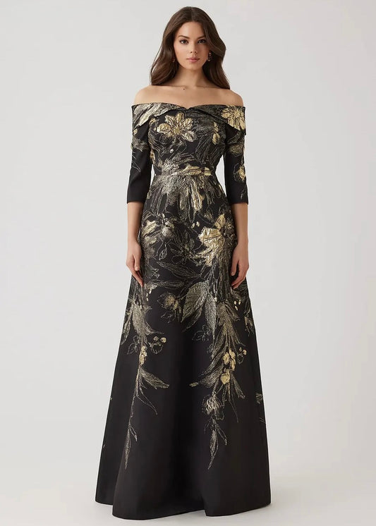 Metallic Jacquard Fold Off the Shoulder Gown
