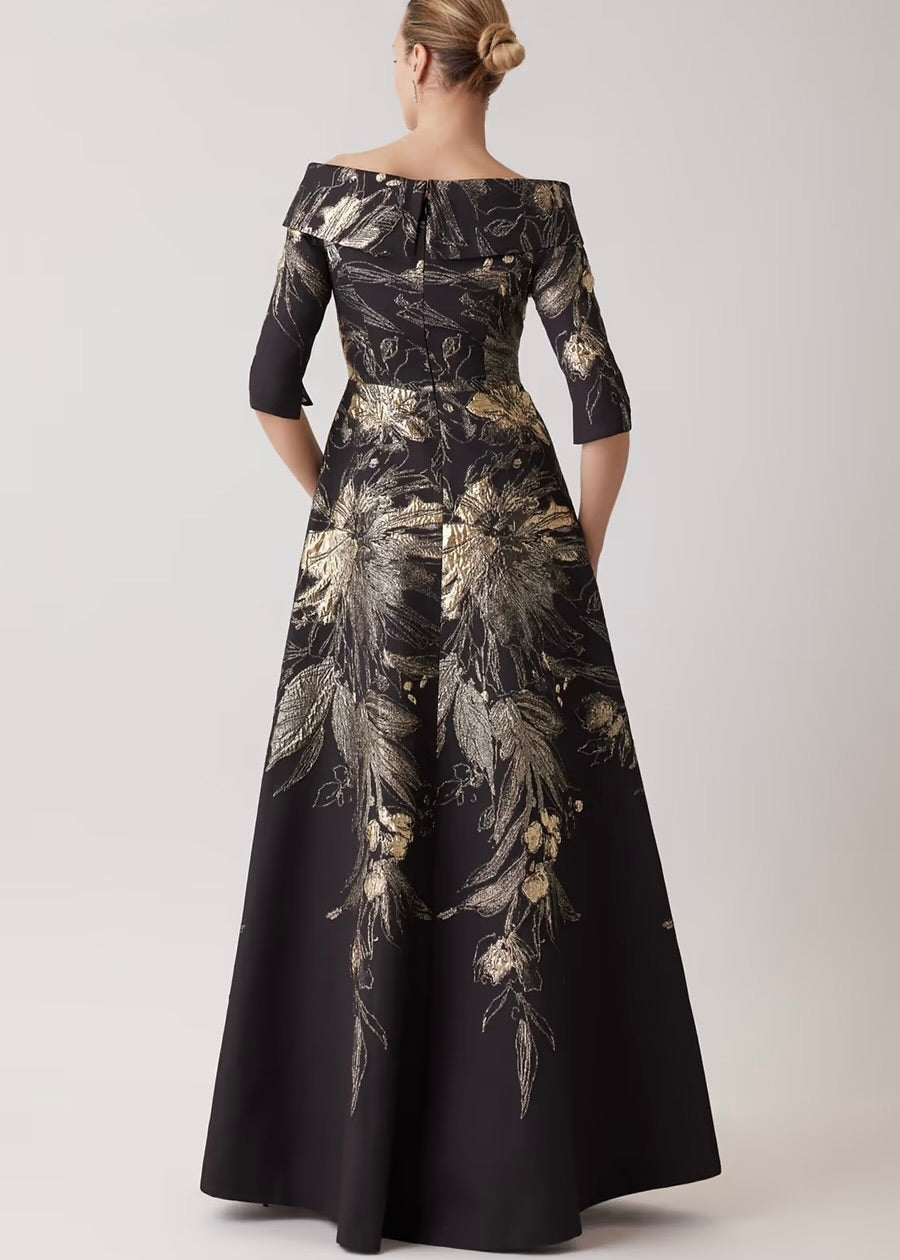 Metallic Jacquard Fold Off the Shoulder Gown