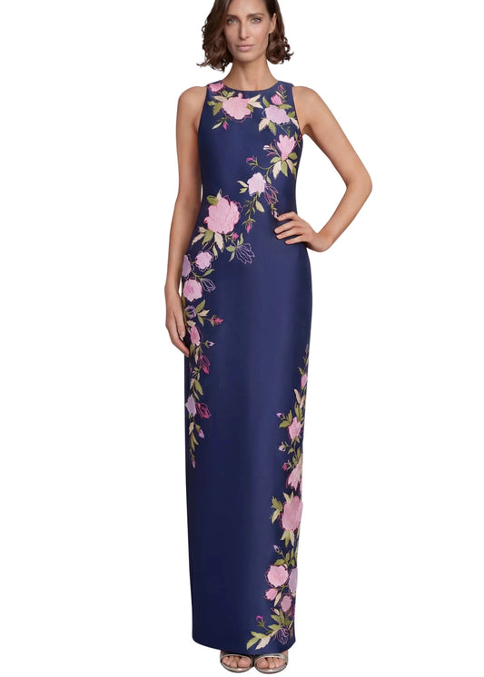 Sleeveless Embroidered Floral Column Gown