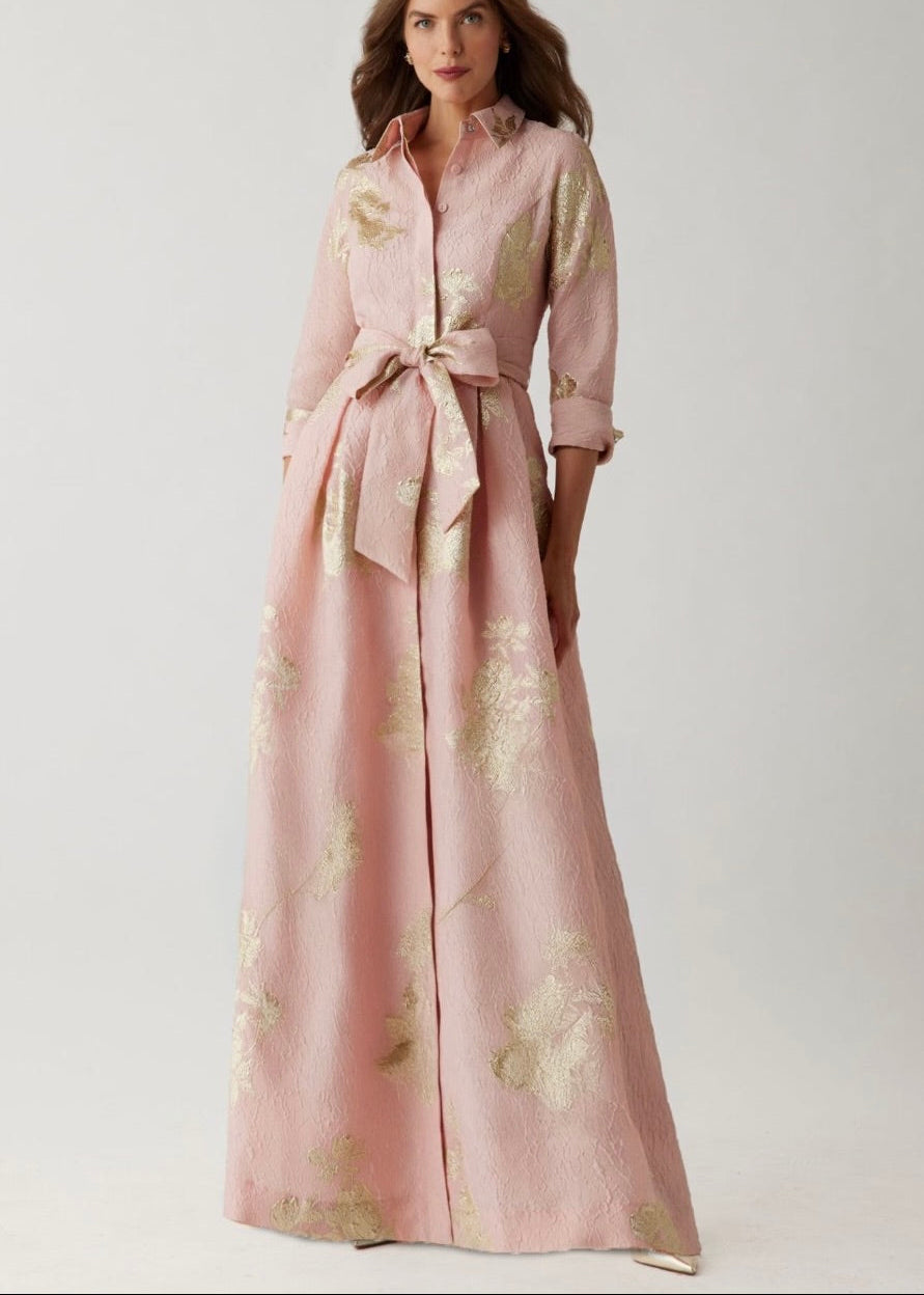 Metallic Floral Jacquard Shirt Waist Gown