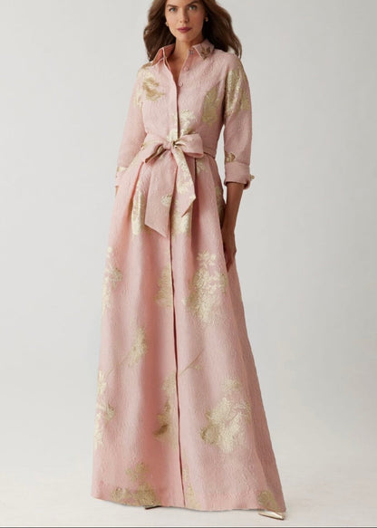 Metallic Floral Jacquard Shirt Waist Gown