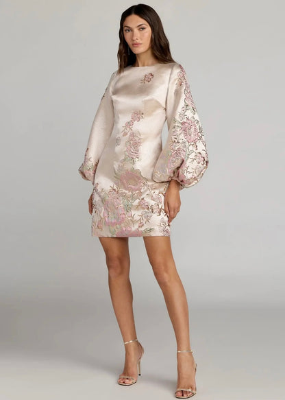 Brocade High Neck Long Sleeve Mini Dress