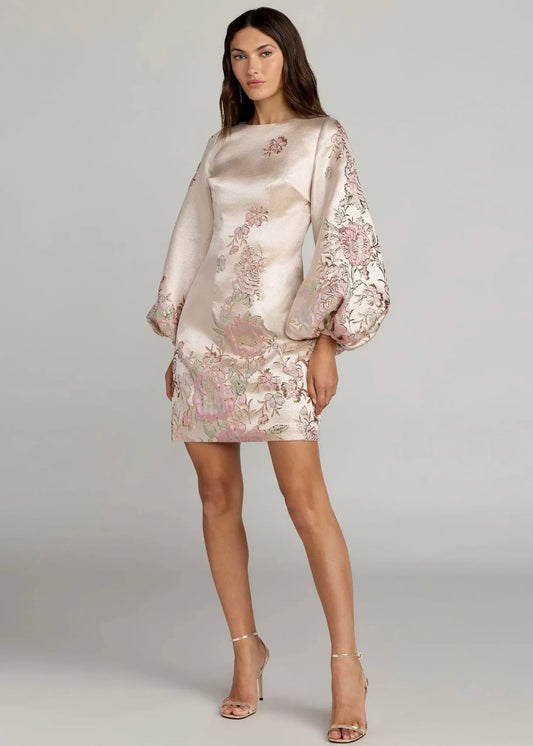 Brocade High Neck Long Sleeve Mini Dress