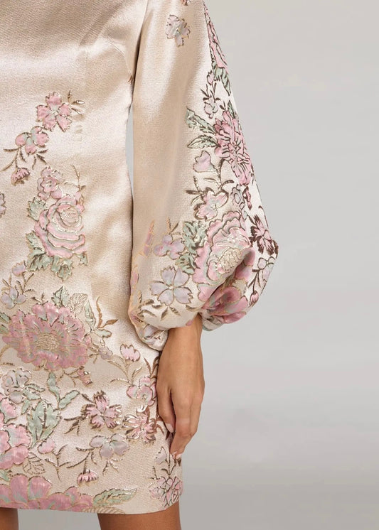 Brocade High Neck Long Sleeve Mini Dress