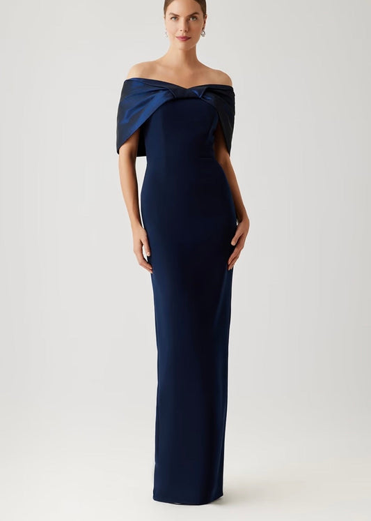 Crepe Gown with Taffeta Off the Shoulder Twist & Back Drape