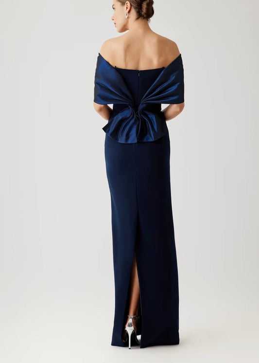 Crepe Gown with Taffeta Off the Shoulder Twist & Back Drape