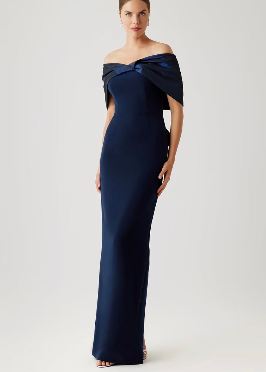 Crepe Gown with Taffeta Off the Shoulder Twist & Back Drape