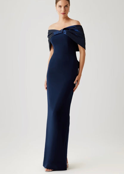 Crepe Gown with Taffeta Off the Shoulder Twist & Back Drape