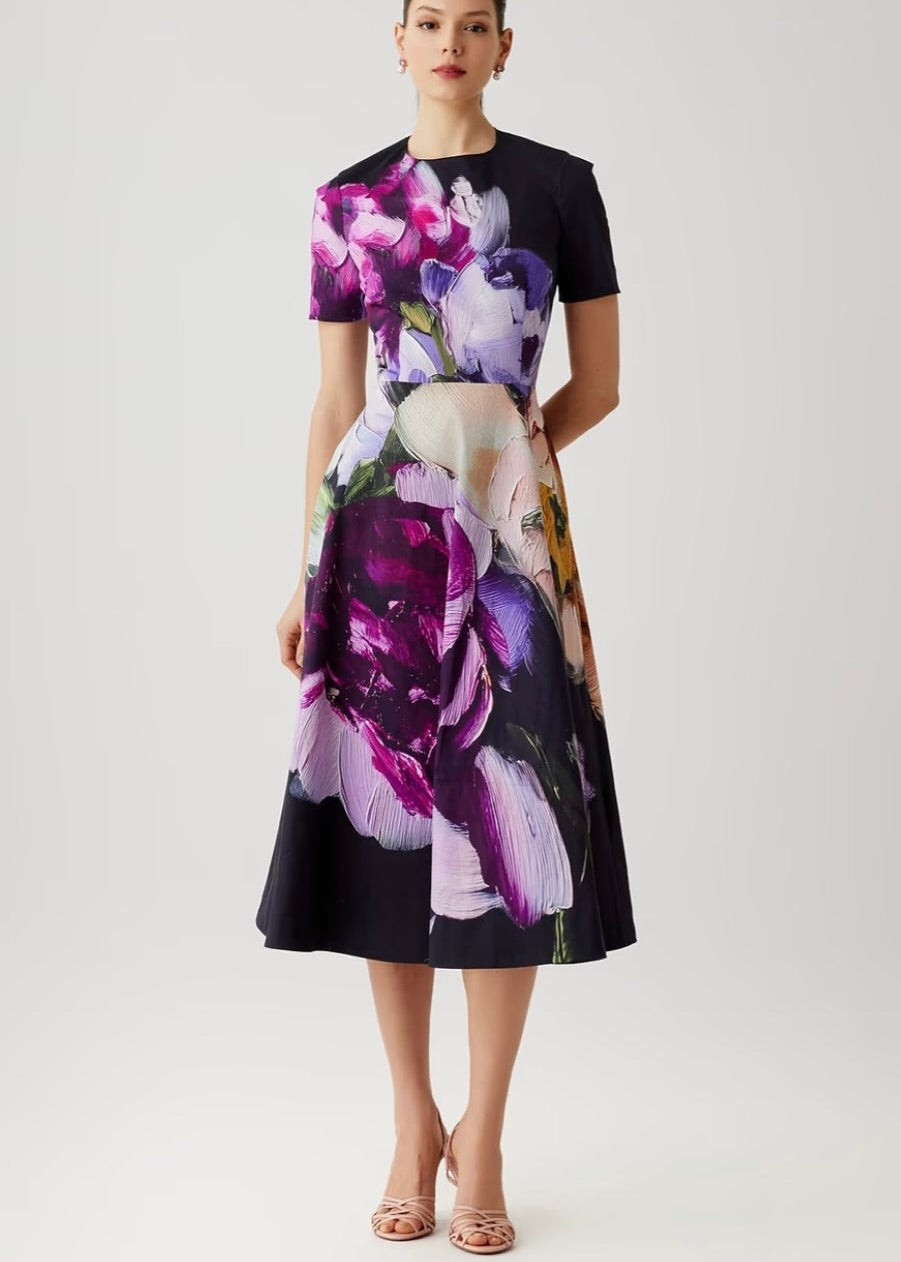 Cotton Print Short Sleeve Jewel Neck Fit & Flare Dress