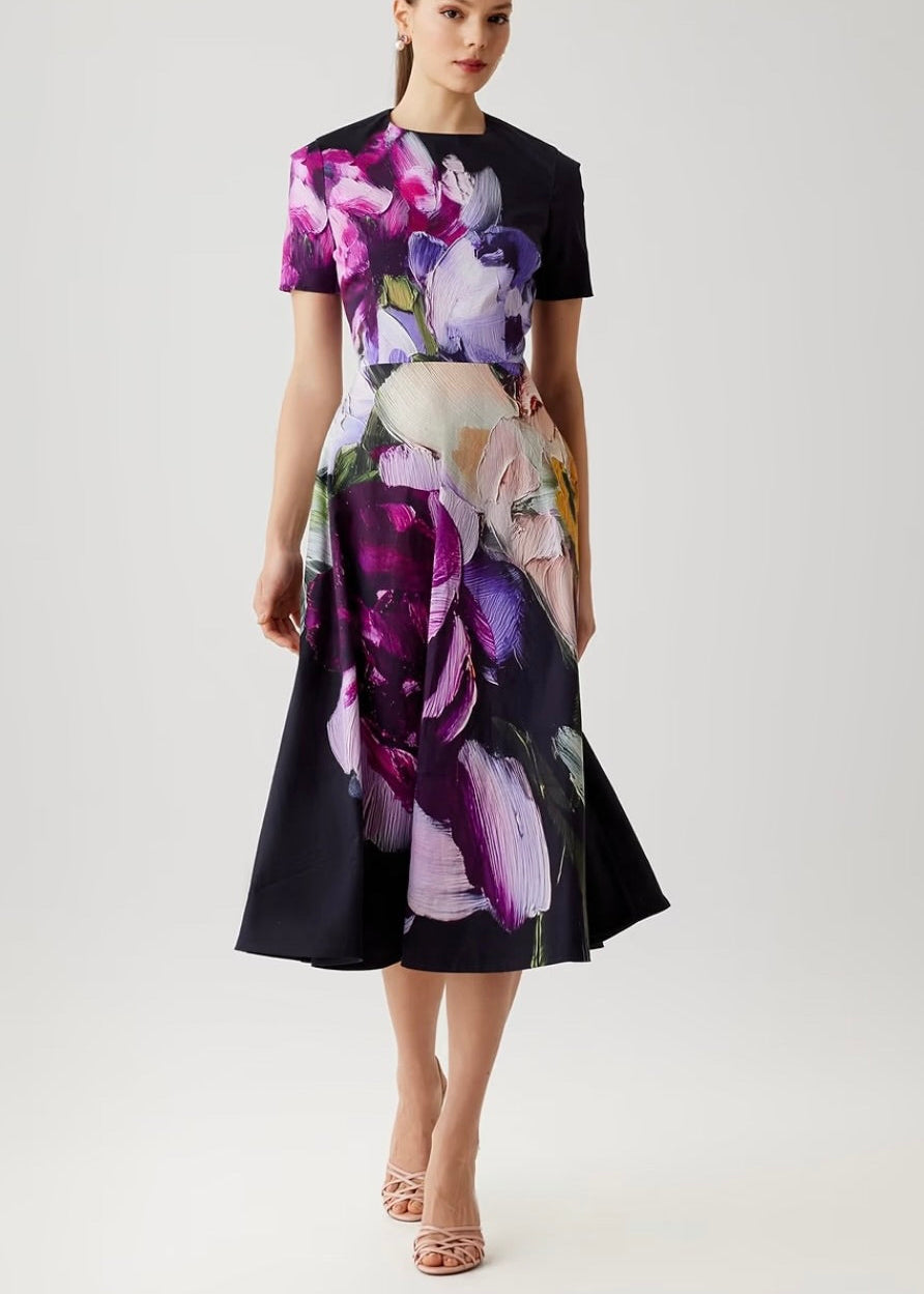Cotton Print Short Sleeve Jewel Neck Fit & Flare Dress