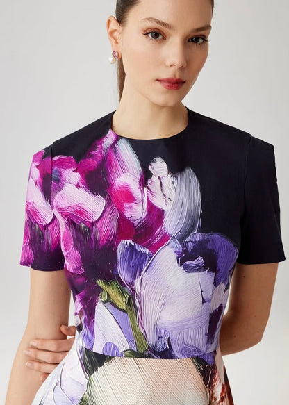 Cotton Print Short Sleeve Jewel Neck Fit & Flare Dress