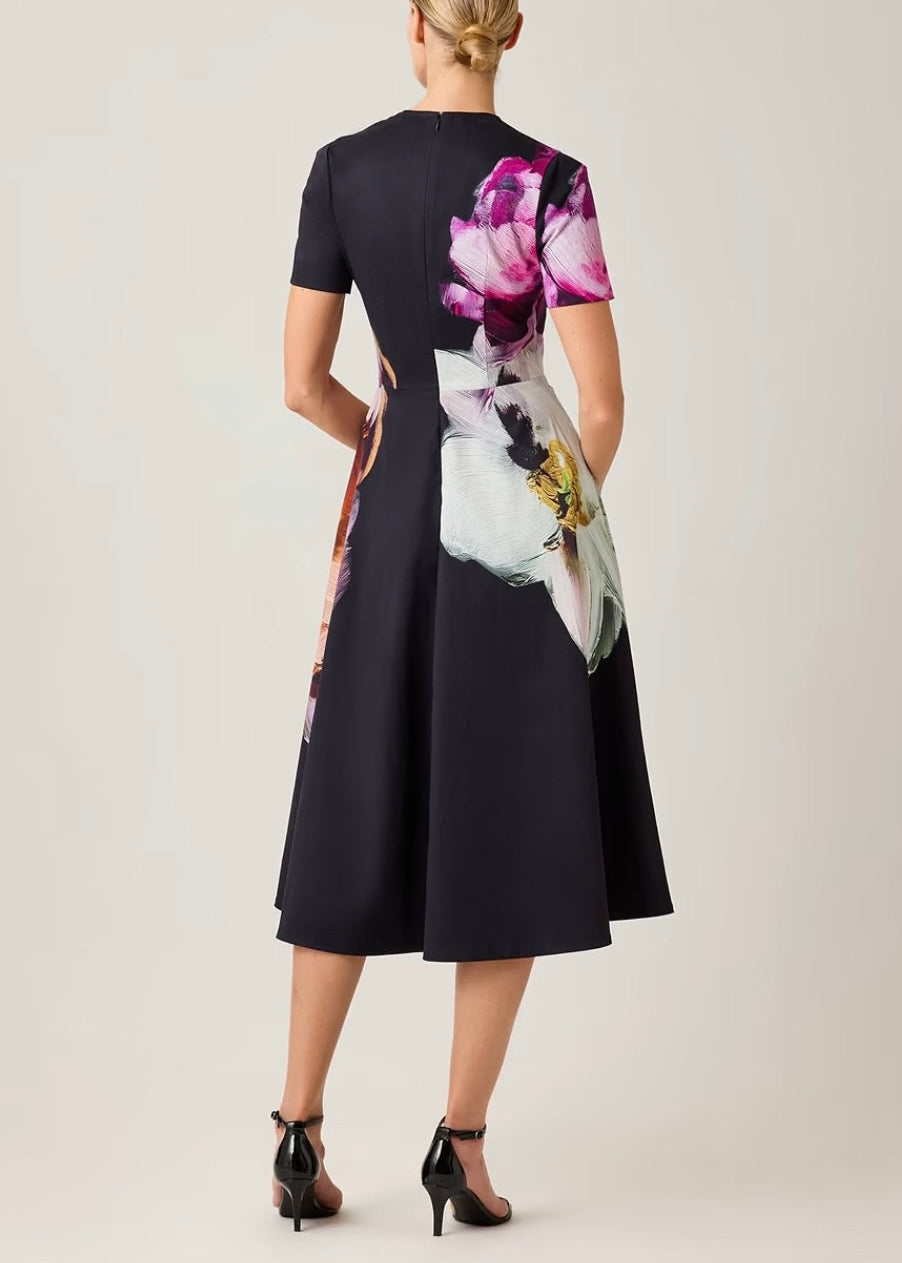 Cotton Print Short Sleeve Jewel Neck Fit & Flare Dress