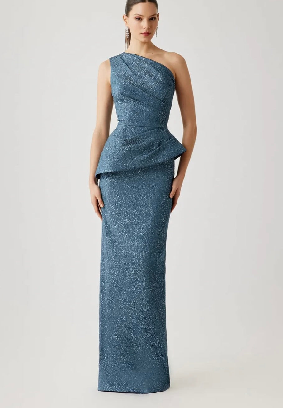 Metallic Jacquard One Shoulder Side Drape Peplum Gown