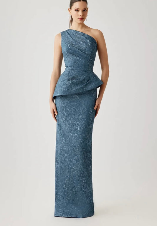Metallic Jacquard One Shoulder Side Drape Peplum Gown