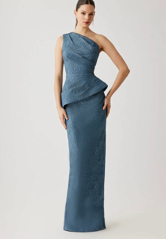 Metallic Jacquard One Shoulder Side Drape Peplum Gown