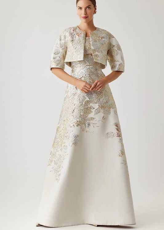 Metallic Jacquard Gown with Bolero