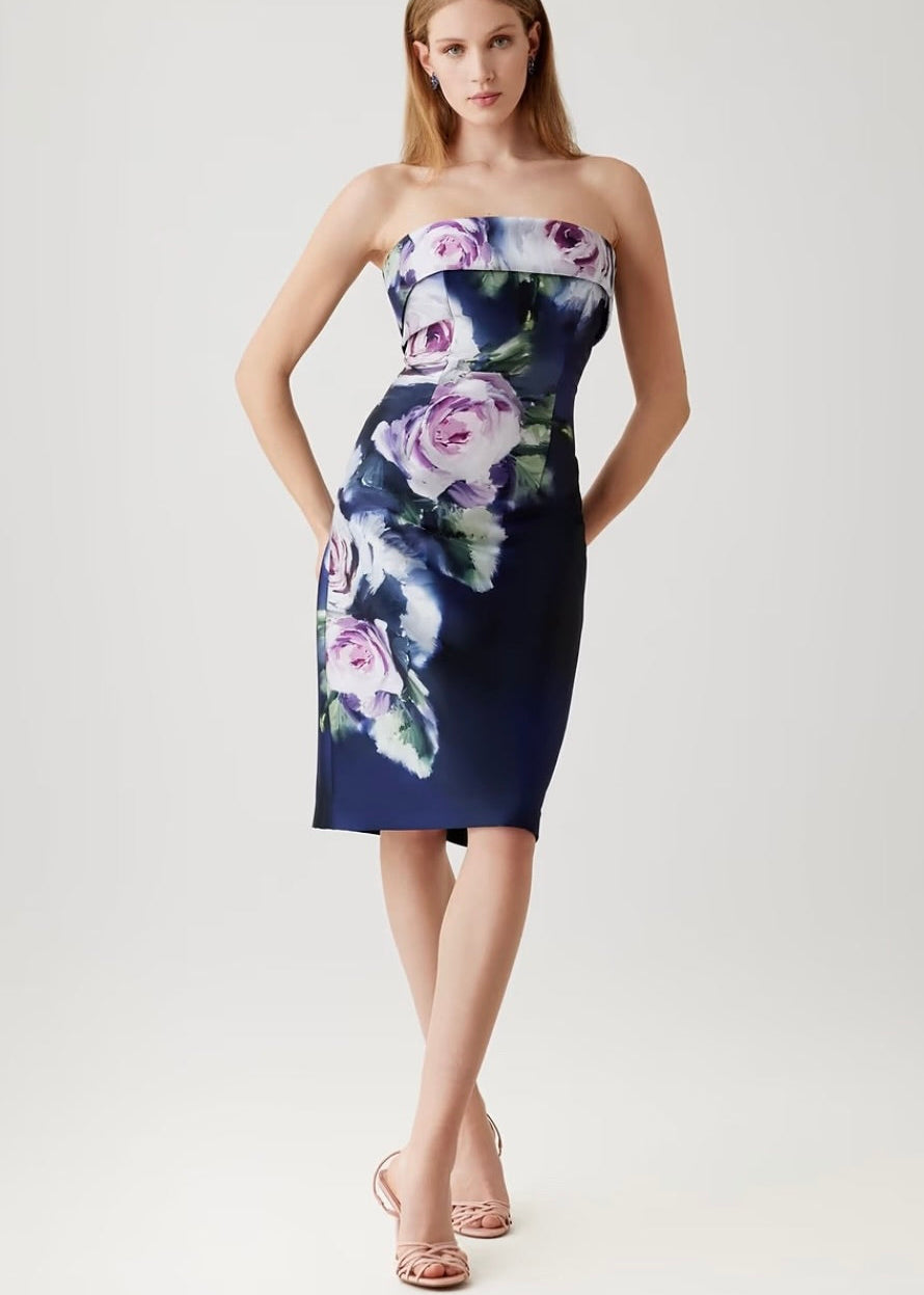 Mikado Floral Border Print Strapless Dress