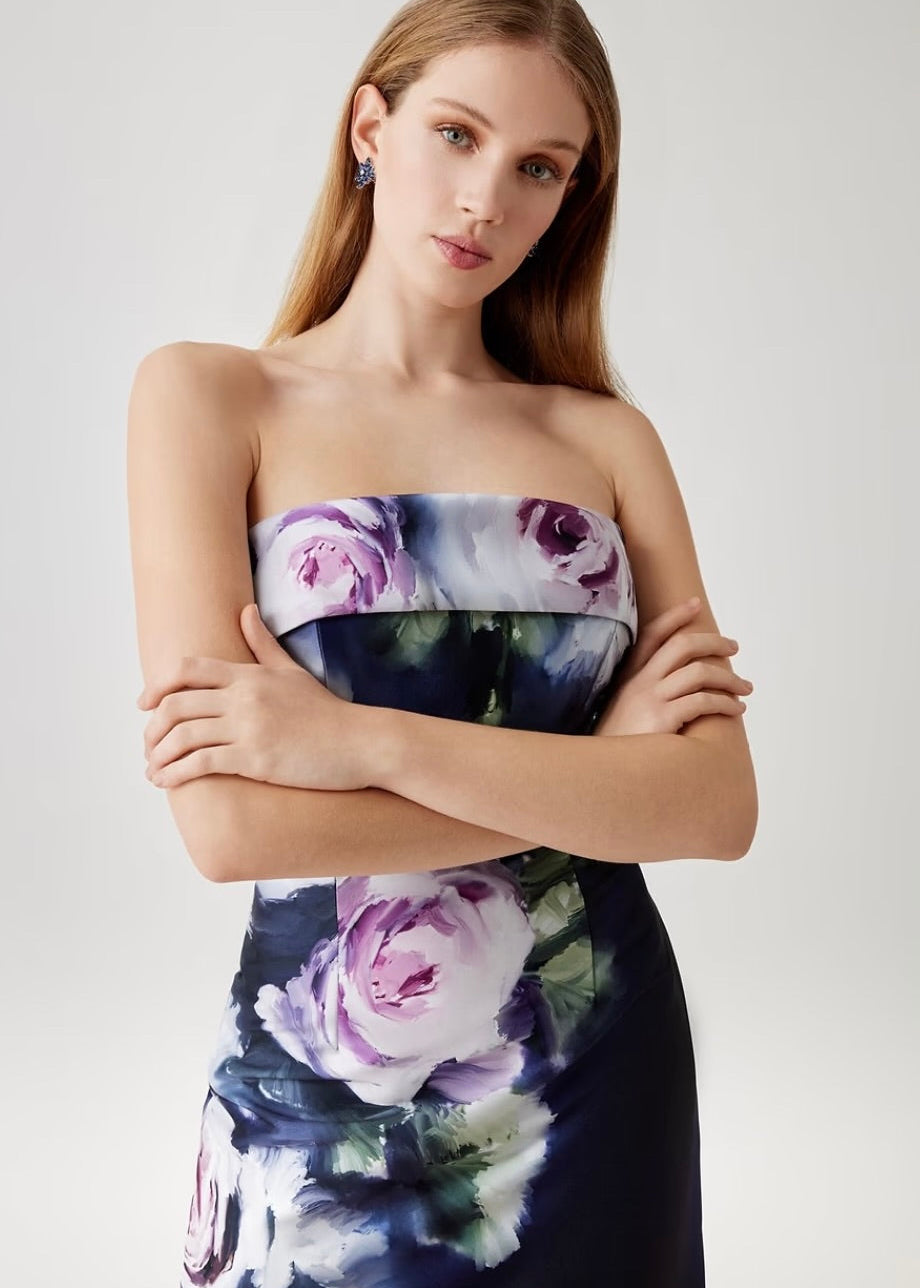 Mikado Floral Border Print Strapless Dress