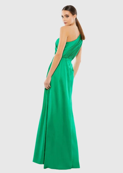 Gathered One Shoulder Satin Faux Wrap Gown