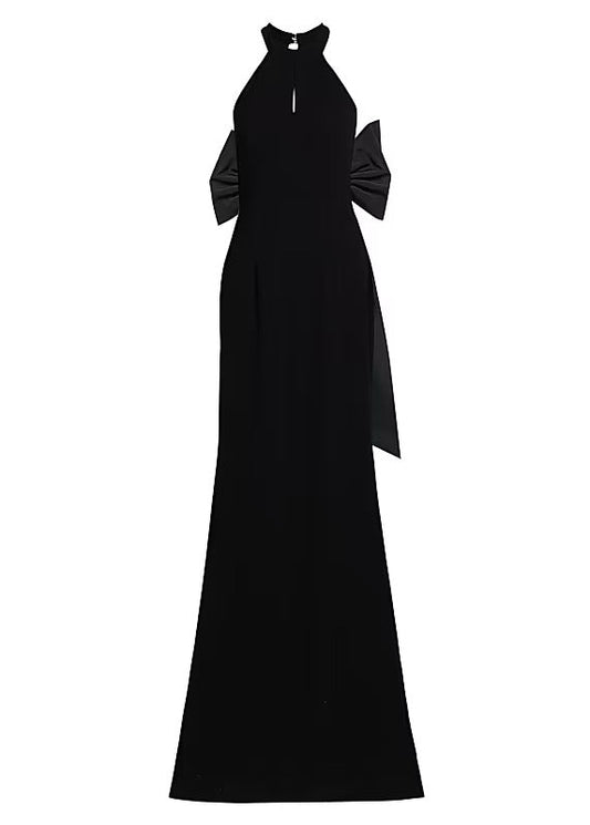 Black Halter Gown With Elegant Oversized Back Bow