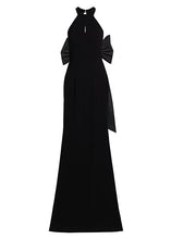 Load image into Gallery viewer, Black Halter Gown With Elegant Oversized Back Bow