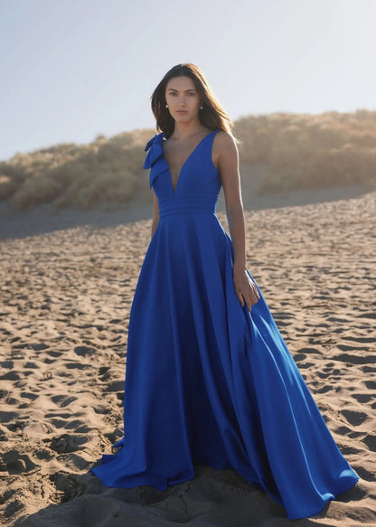 Blue Crepe Sleeveless V Neck Ballgown