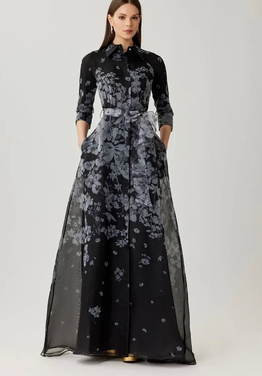 Organza Floral Print Shirt Waist Gown