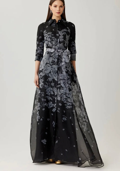 Organza Floral Print Shirt Waist Gown