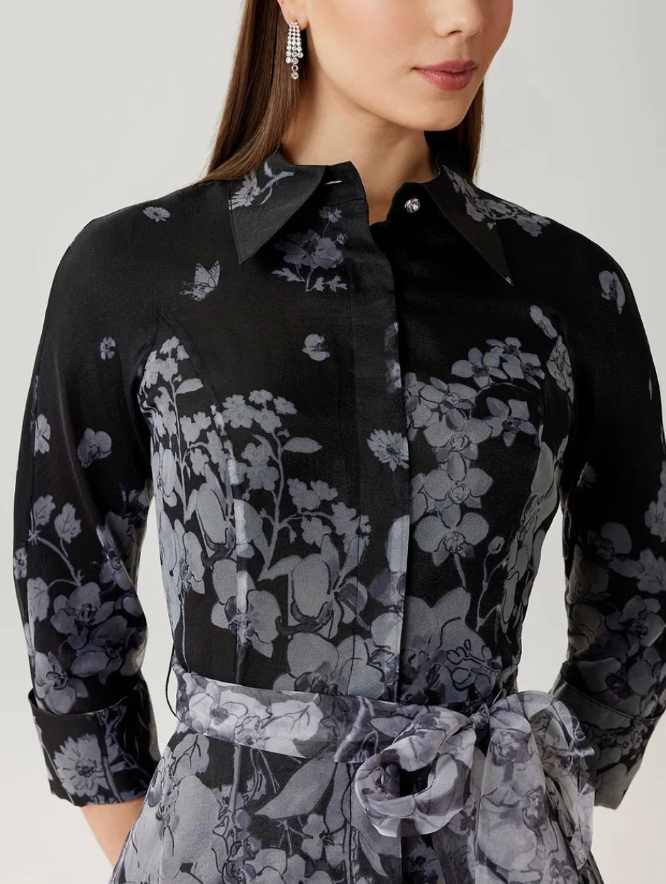 Organza Floral Print Shirt Waist Gown