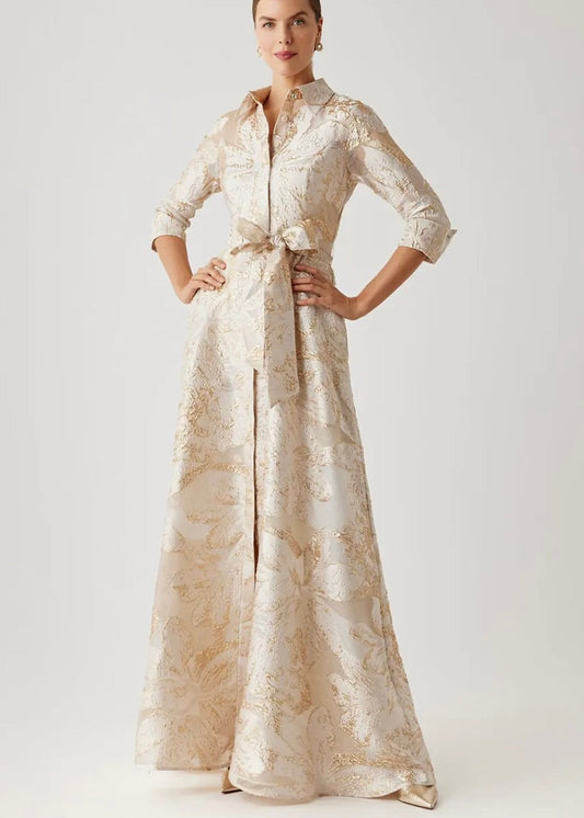 Metallic Burn Out Jacquard Shirt Waist Gown