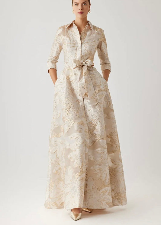 Metallic Burn Out Jacquard Shirt Waist Gown