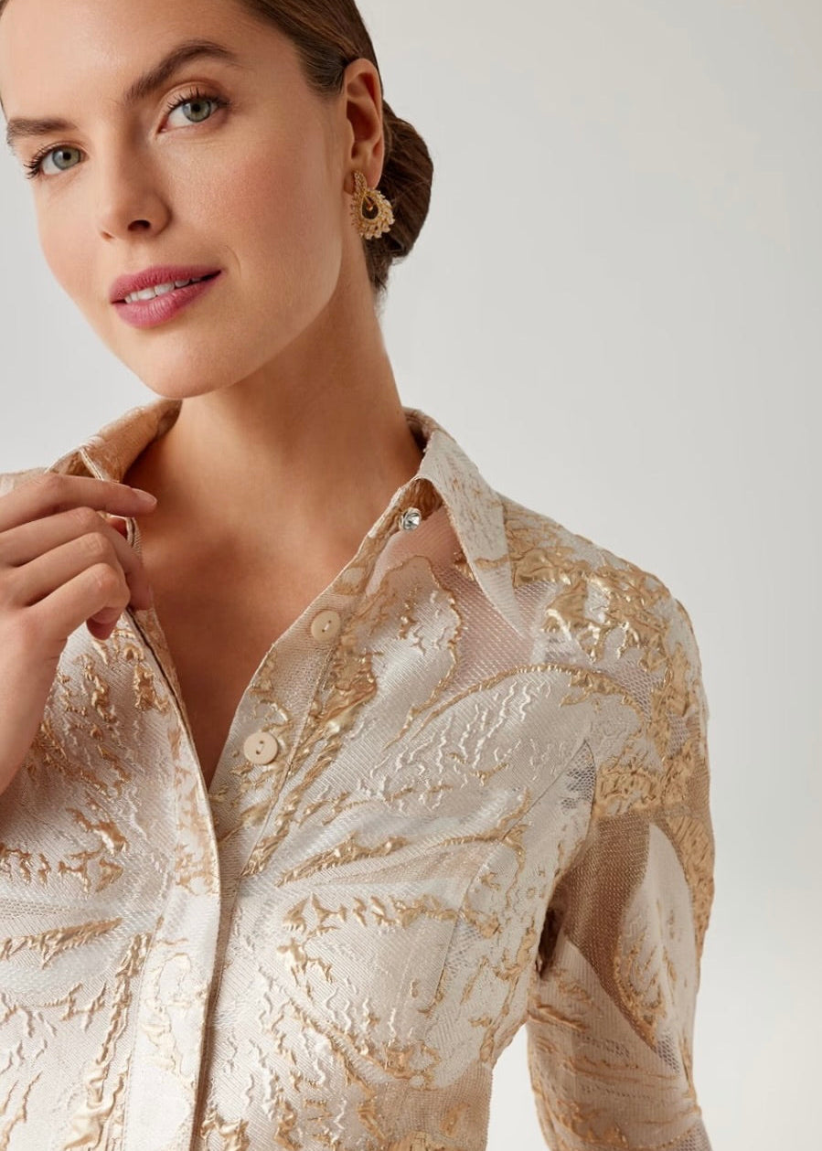 Metallic Burn Out Jacquard Shirt Waist Gown