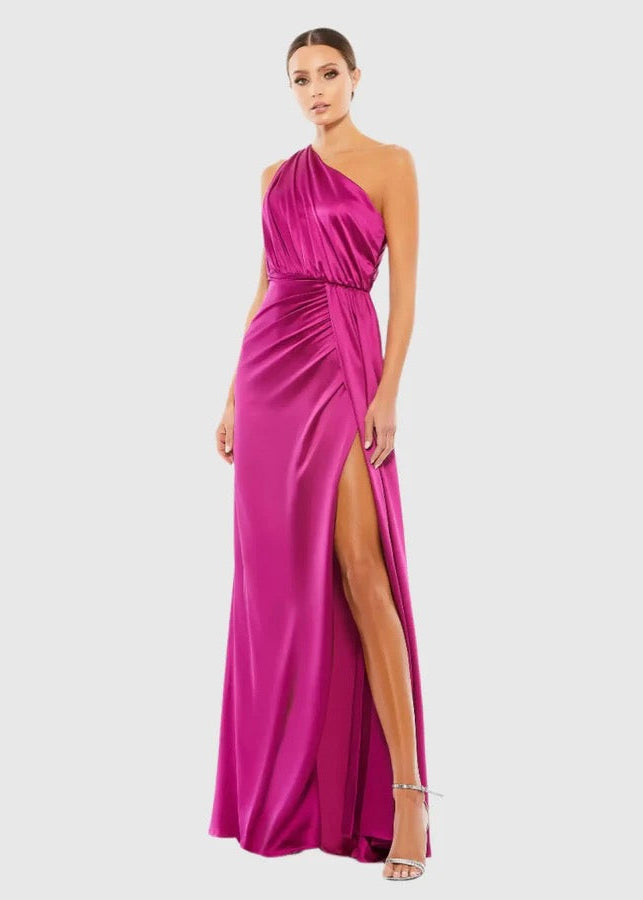 Gathered One Shoulder Satin Faux Wrap Gown